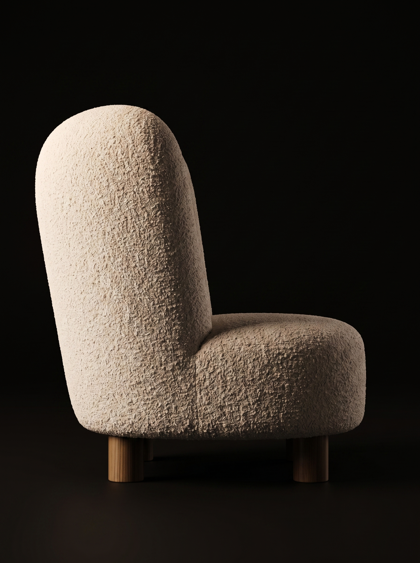 Poltrona Headchair, vista lateral destacando o encosto alto arredondado em bouclé e os pés cilíndricos em madeira clara