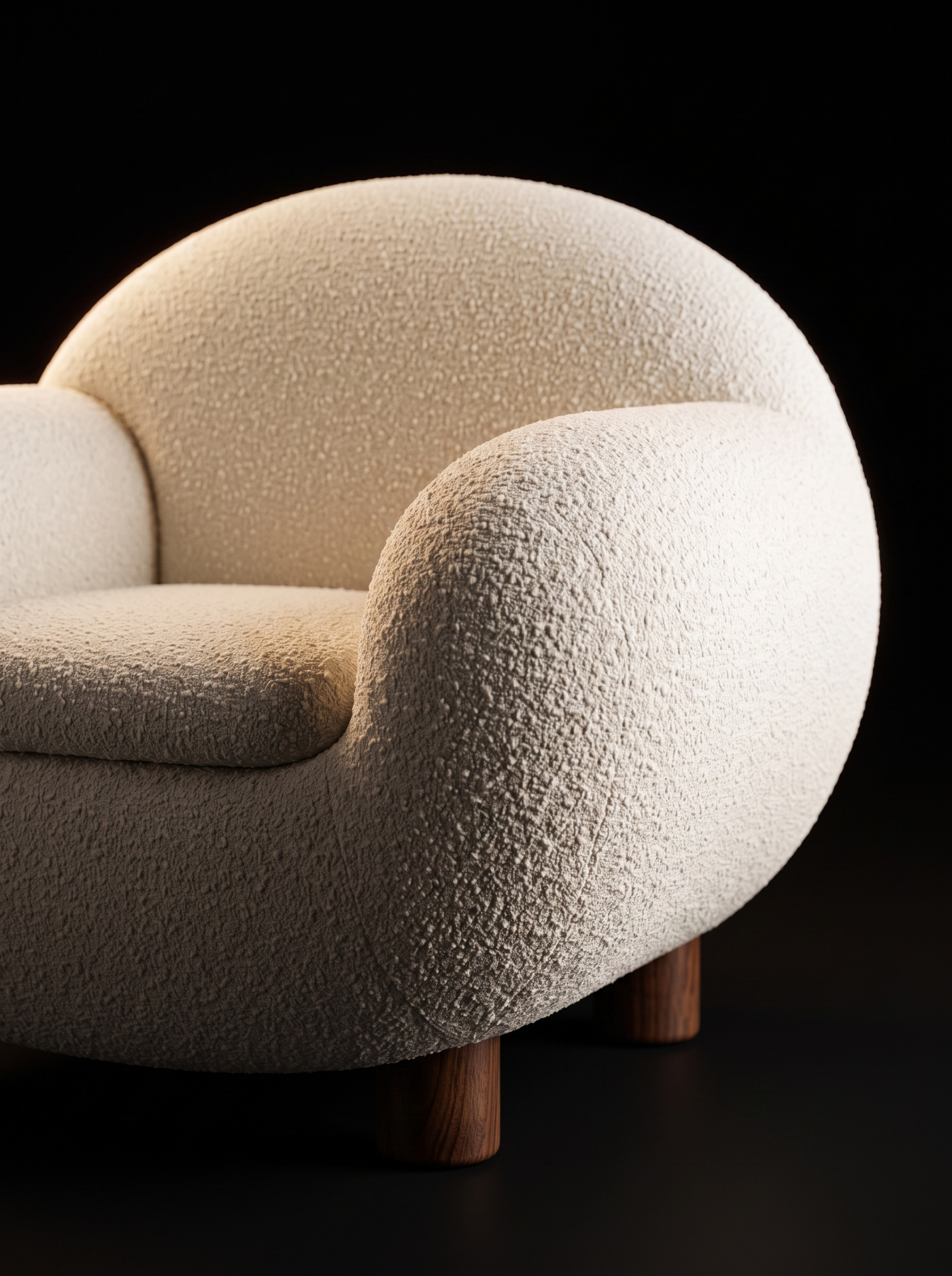 Poltrona Madame, detalhe do braço curvo e da textura em bouclé, com pé cilíndrico em madeira nobre