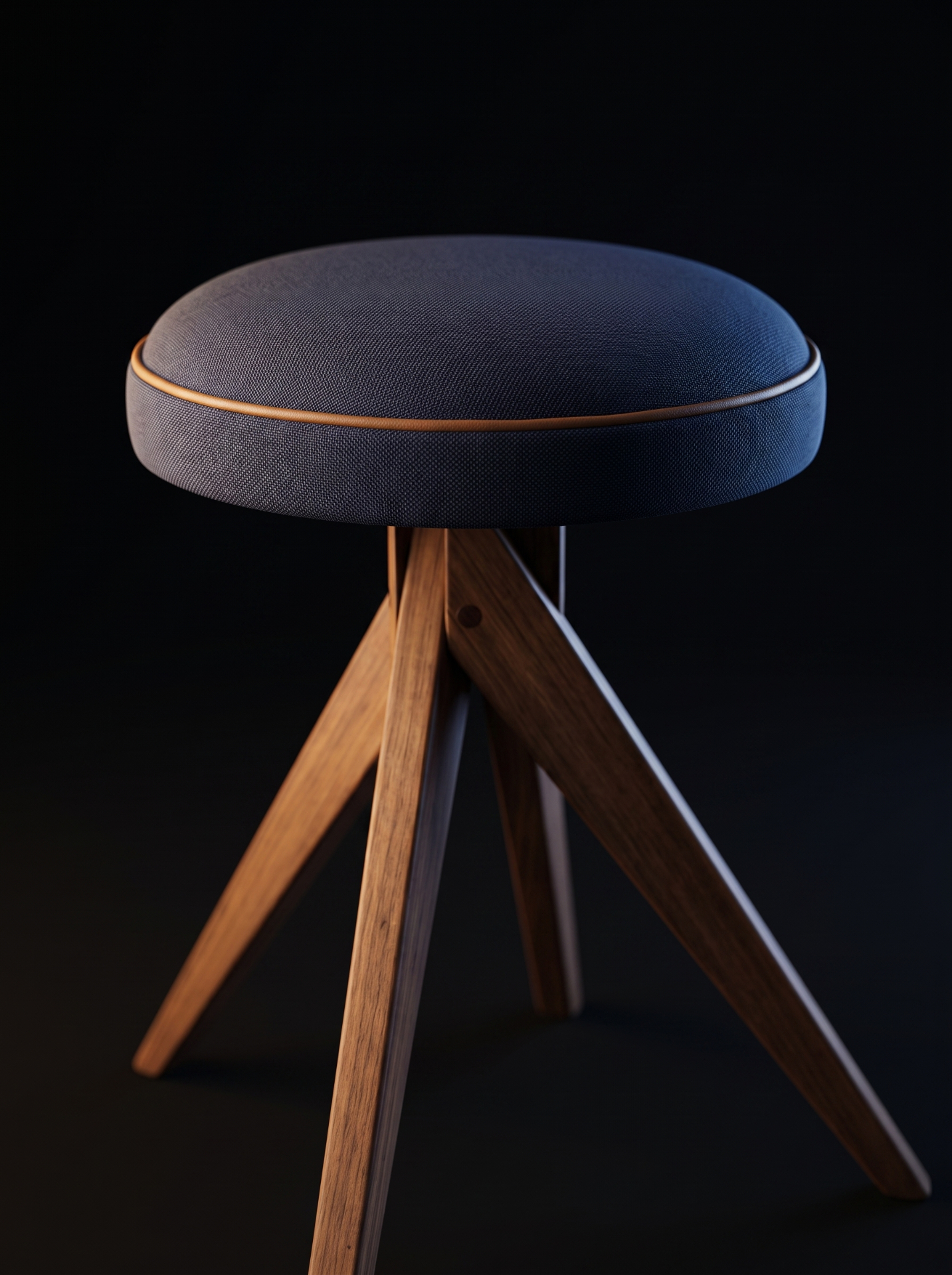 Banqueta X, detalhe do assento com vivo em couro e base em madeira